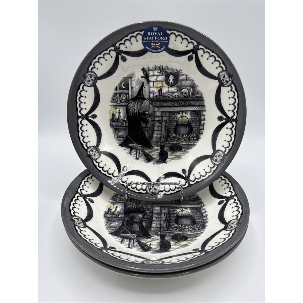 Royal Stafford 1666 Haunted  Mantel and Witch 8" Salad / Soup Bowls (3)